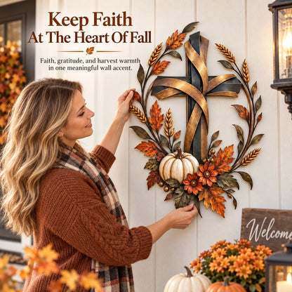 🍂 Autumn Harvest Cross Metal Wall Decor With White Pumpkin