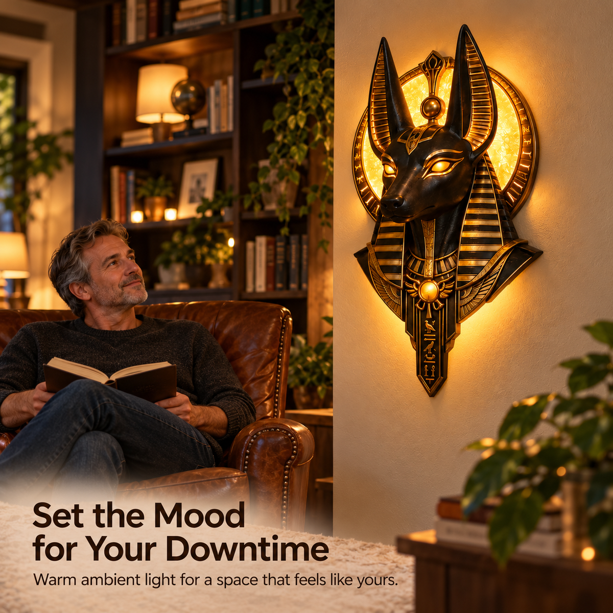 A person relaxing in a leather chair beside the warm Anubis wall light