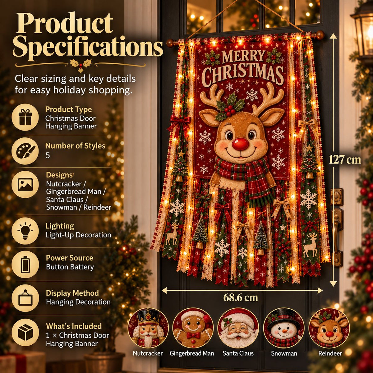 🎄 Beleuchteter Weihnachts-Türbanner – 68,6 × 127 cm, festliche Weihnachtsdekoration für Türen