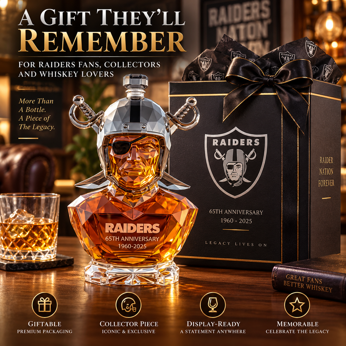 Raiders 65th Anniversary Collector Whiskey Bottle