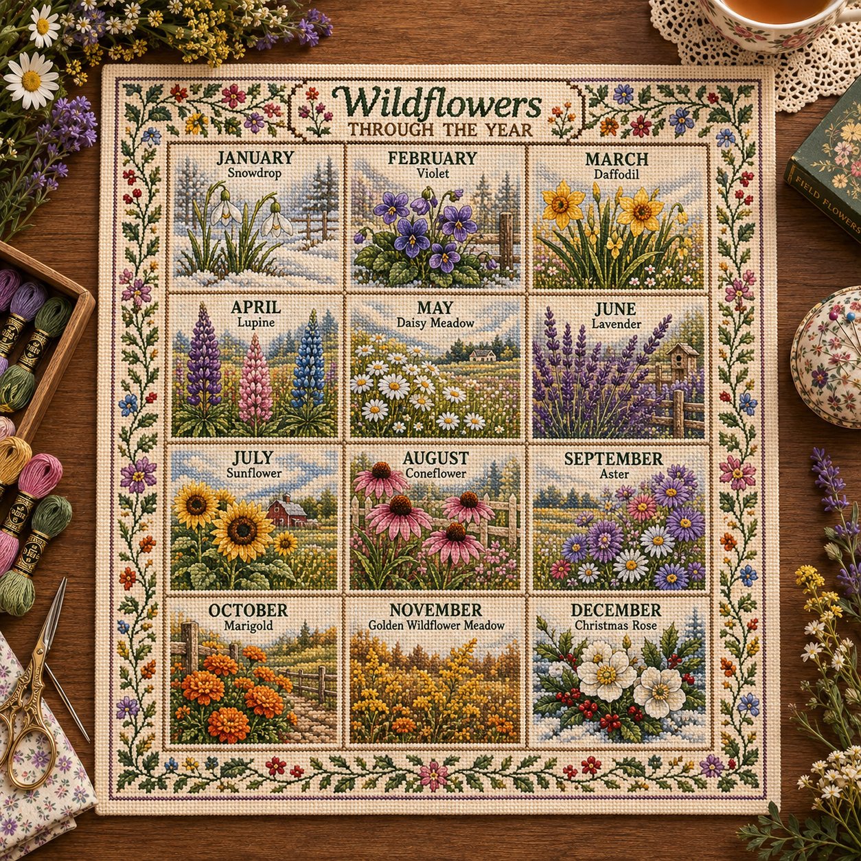 🧵🌷 Stitch the Seasons – 12-Month Embroidery Sampler Collection