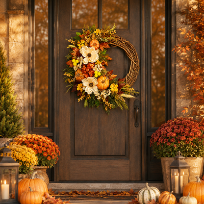 🎃 Fall Wreath for Front Door – Pumpkin, Sunflower & Autumn Floral Harvest Decor