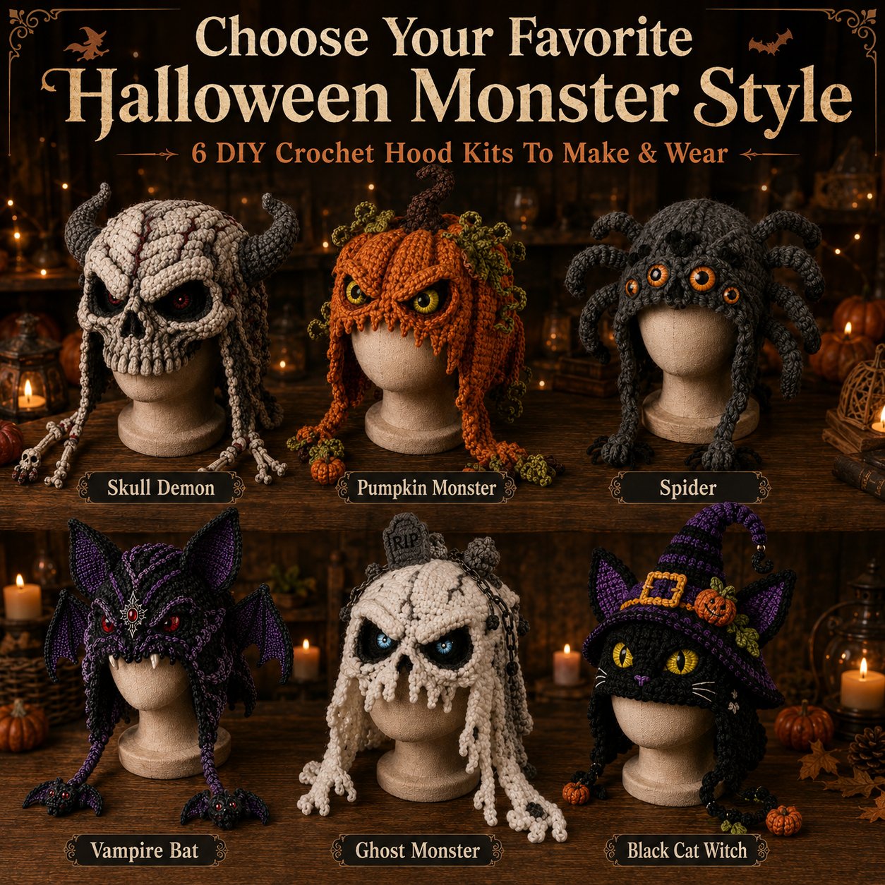 🎭🎃 Halloween Monster Hood DIY Crochet Kit | Premium Soft Yarn Materials with Step-by-Step Guide DIY Handmade Wearable Character Hood 🧶✨
