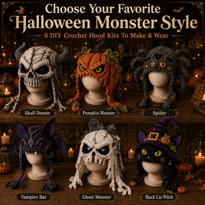 🎭🎃 Halloween Monster Hood DIY Crochet Kit | Premium Soft Yarn Materials with Step-by-Step Guide DIY Handmade Wearable Character Hood 🧶✨