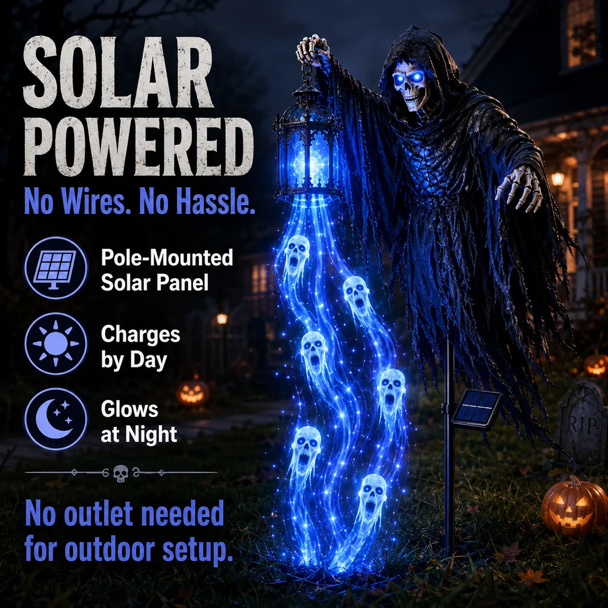 💀🔵 Solar Grim Reaper Yard Stake Light — Summon a Haunting Glow to Your Halloween Yard! 👻🏮