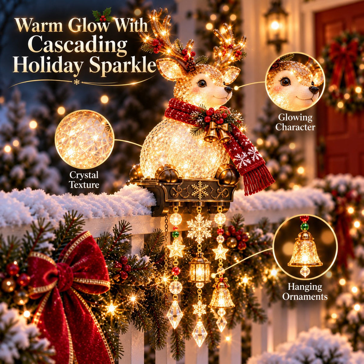 Santa railing light with cascading hanging ornaments