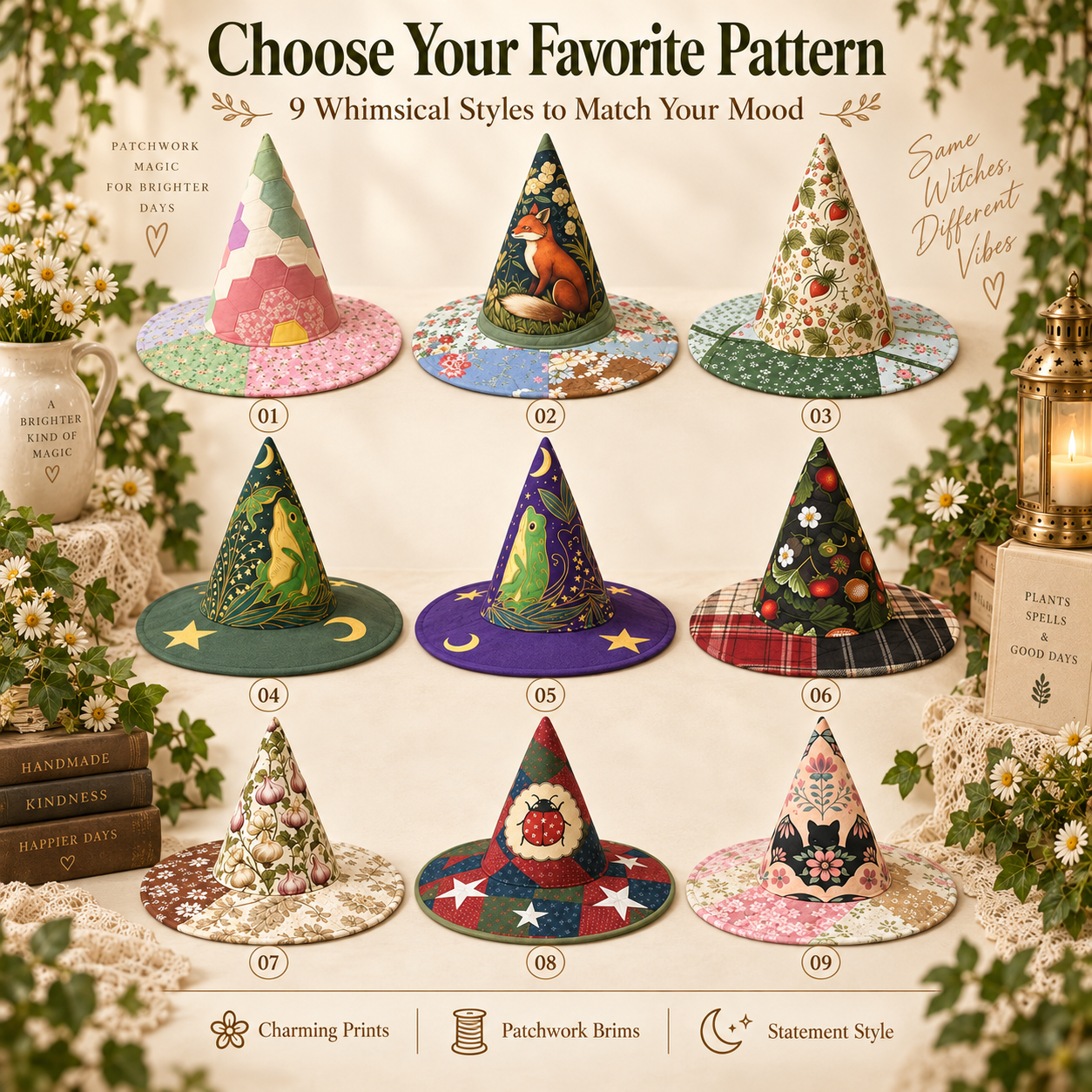 🔥Last Day 49% OFF - 🧙‍♀️ ✨ Quilted Patchwork Witch Hat – Choose Your Magical Pattern