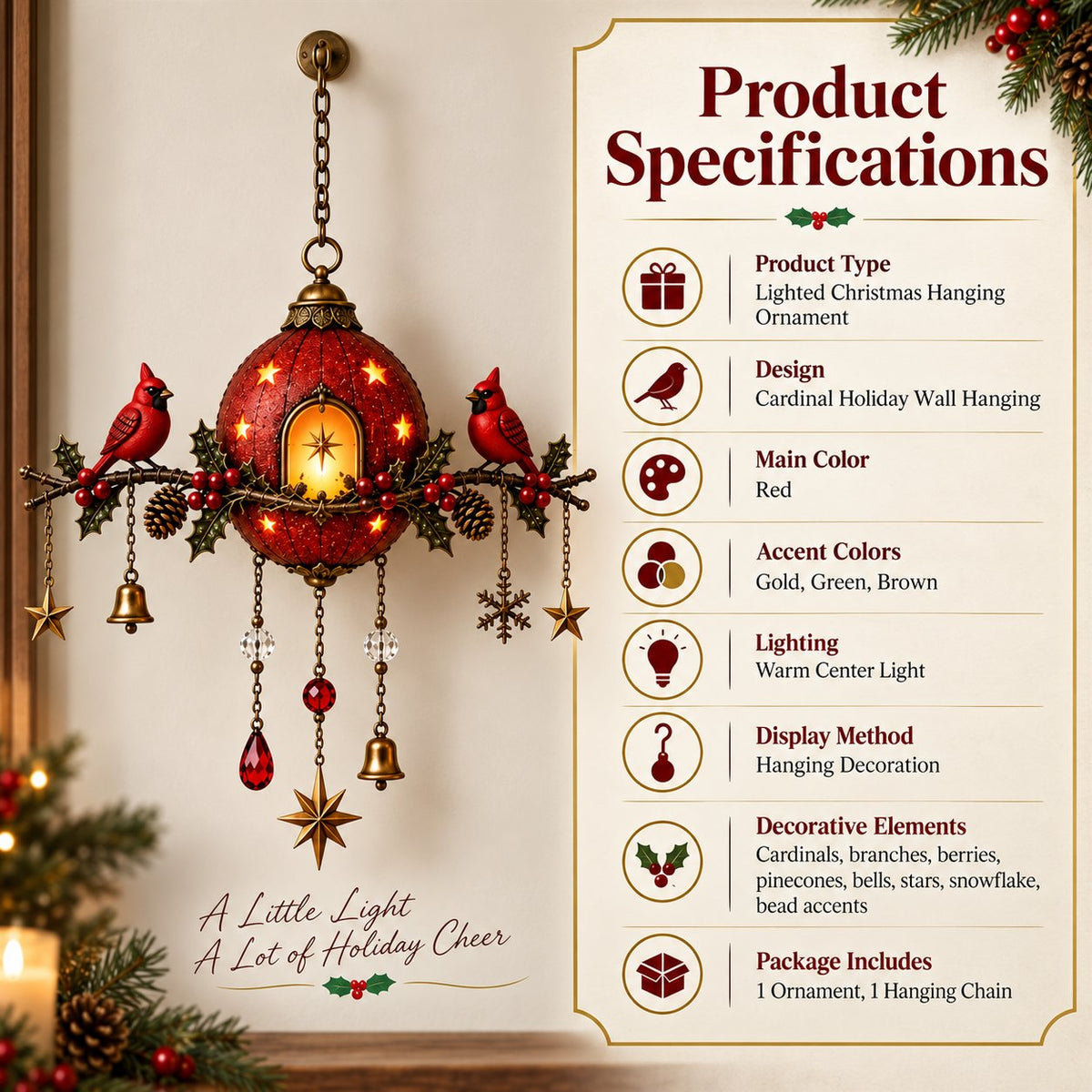 Illuminated Christmas hanging ornament with red cardinals – Festive wall decoration with warm light