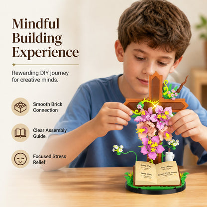 🌺💡 Illuminated Floral Cross Building Set – Peaceful DIY Book Display Decor