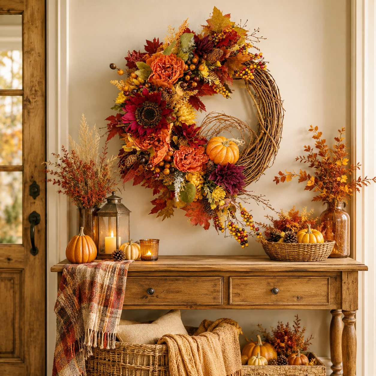 🍂 Fall Harvest Pumpkin & Sunflower Wreath