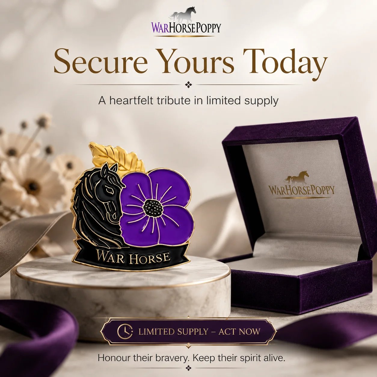 War Horse Purple Poppy remembrance badge gift box