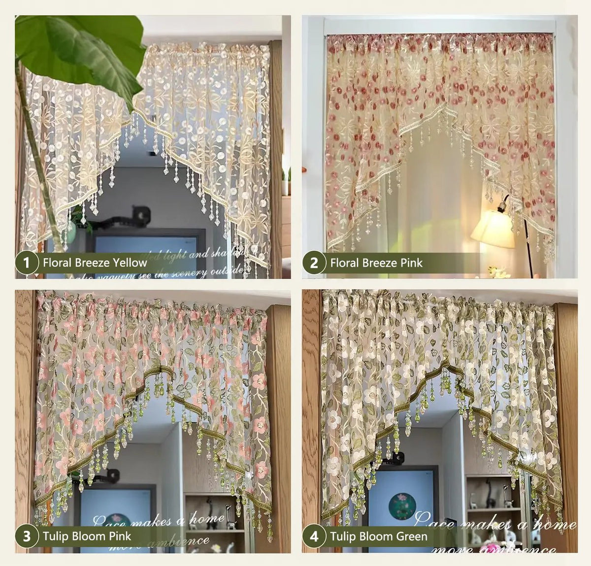 Embroidered Lace Doorway Curtain Set with Beaded Trim – 2 Panels