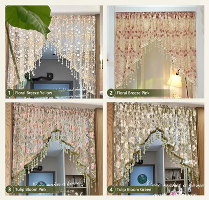 Embroidered Lace Doorway Curtain Set with Beaded Trim – 2 Panels