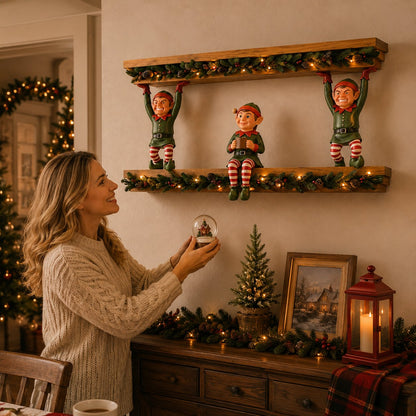 Free Shipping 🎄 Christmas Elf Shelf Décor – Whimsical 3-Elf Holiday Wall Display with Festive Garland, Pinecones & Berries