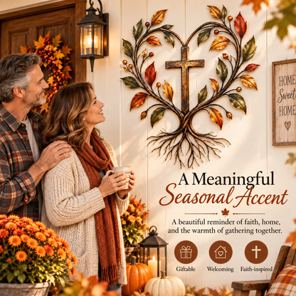 ✝️🍂 Faith & Harvest Tree Wall Art – Rustic Autumn Christian Metal Decor