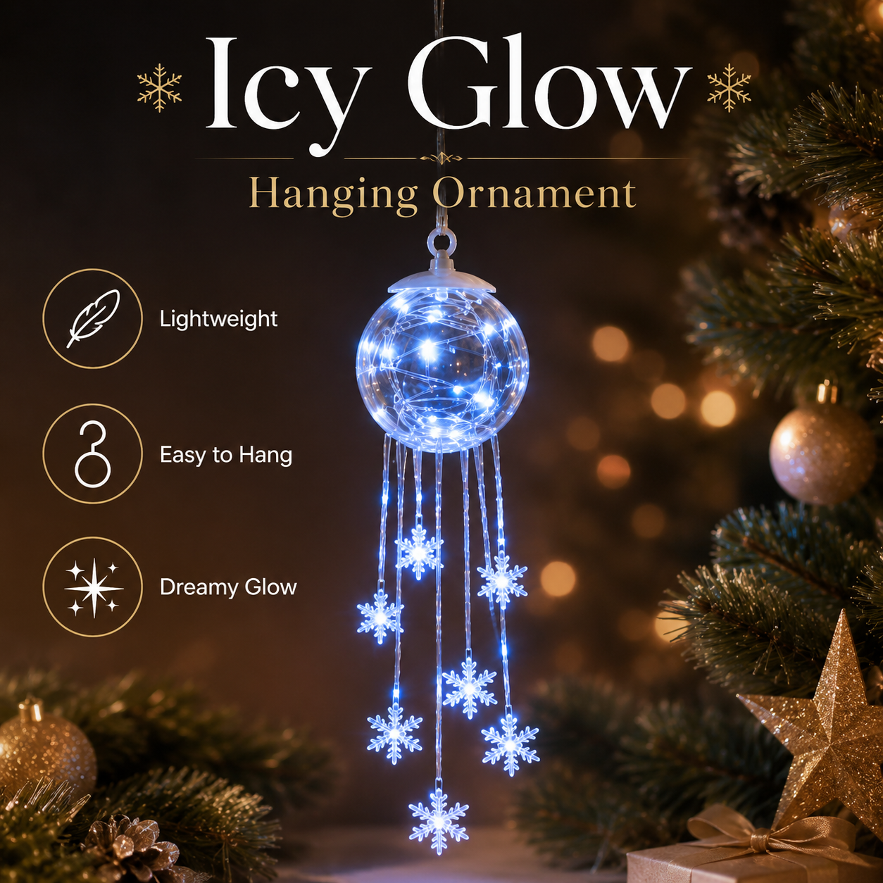 Icy blue ornament layered with warm Christmas lights in four rooms