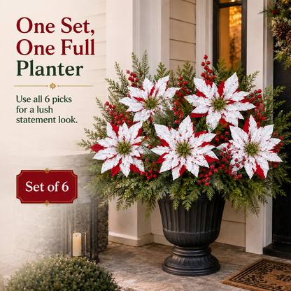 Christmas Poinsettia Planter Inserts – Set of 6 Red & White Holiday Floral Picks