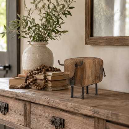 Vintage Wooden Cow Figurine with Metal Bell