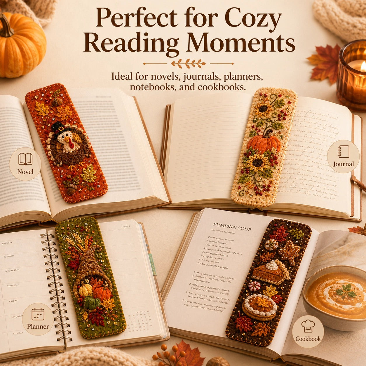 🍁 4-Piece Thanksgiving Embroidered Felt Bookmark Set