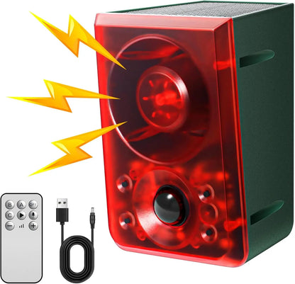 Solar Outdoor Motion SensorAlarm - Dog Barking & GunshotSound, Support Recording andVolume Adjustment, 130dB Noisewith Flashing Light to DeterRaccoon, Deer, Skunk, Bear,Coyote