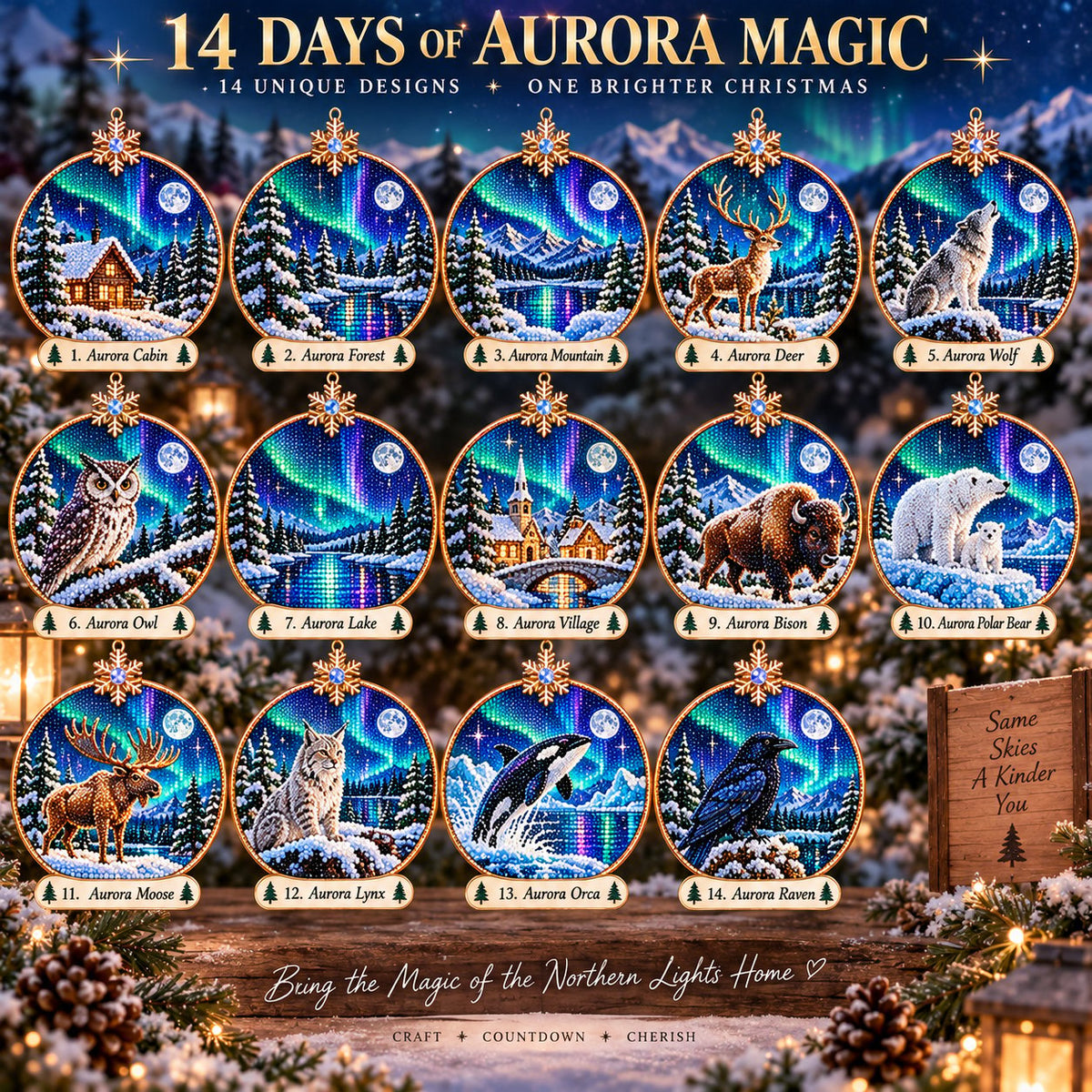 🌌 14-Day Aurora Diamond Painting Advent Calendar – DIY Wooden Christmas Ornament Kit