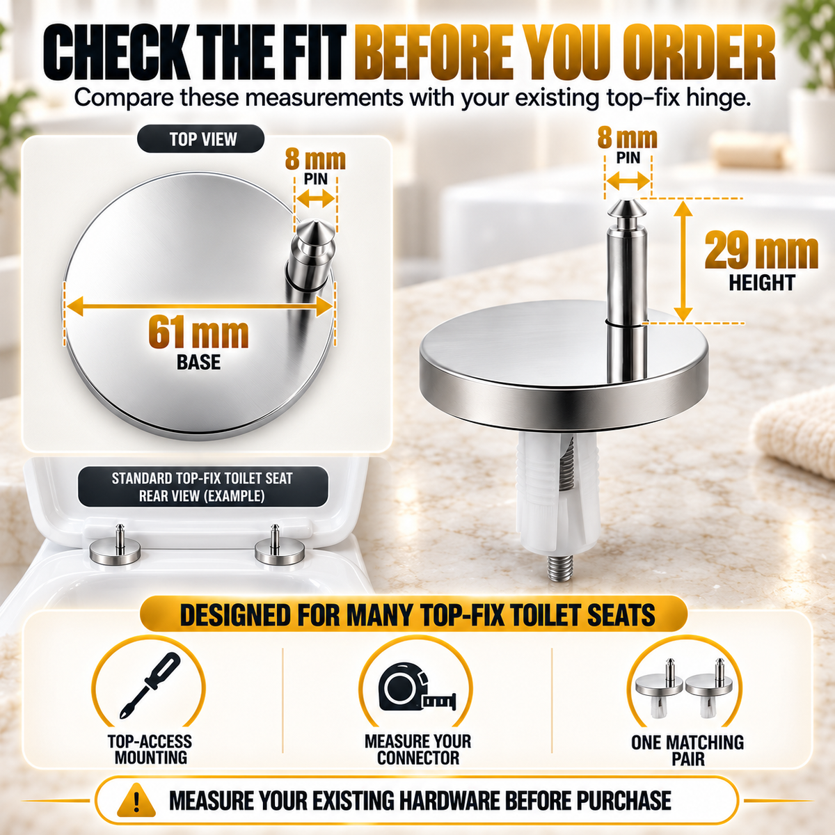 🔩 4-Pack Top-Fix Toilet Seat Hinge Bolts – Adjustable Anti-Wobble Replacement Kit
