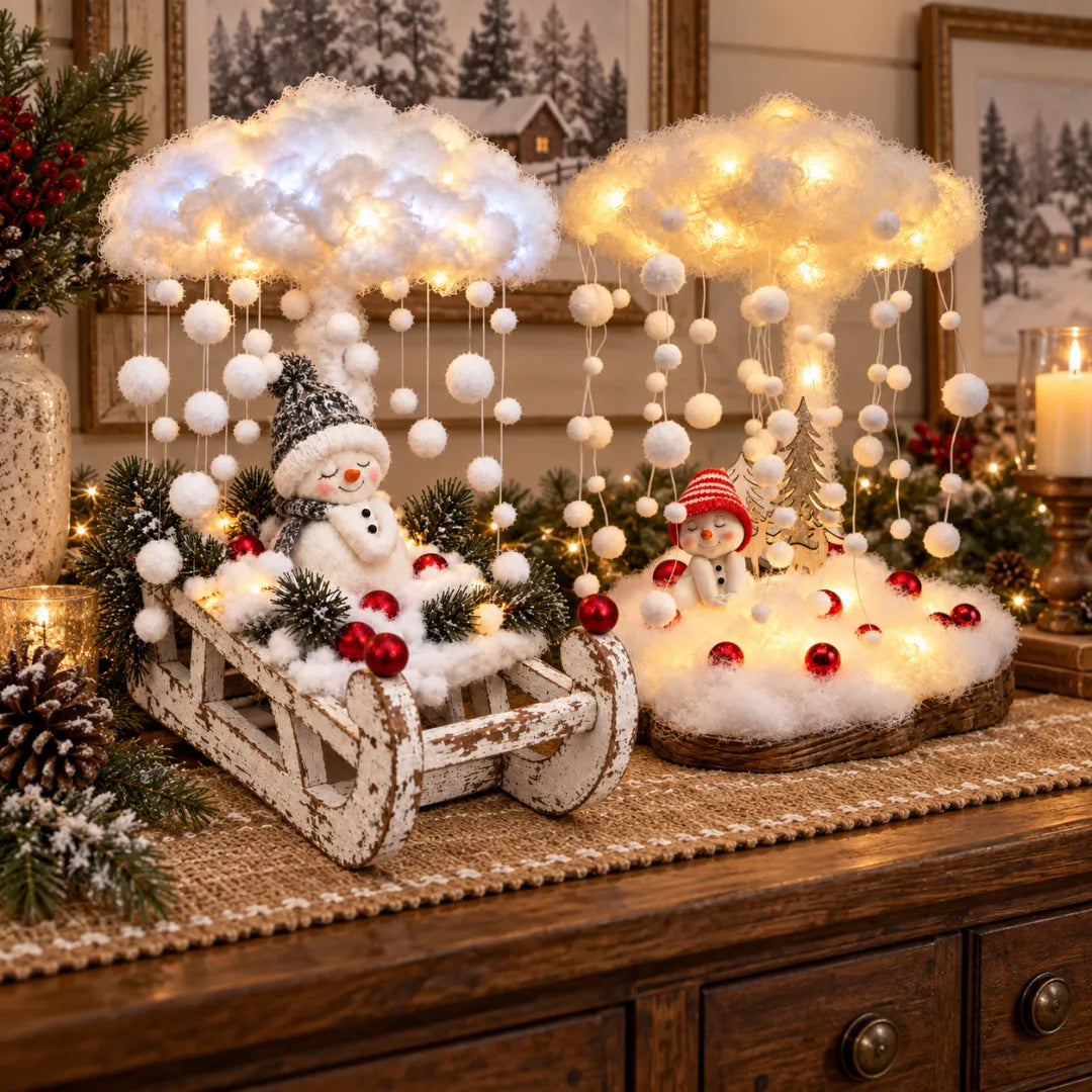 Lighted Snowfall Cloud Snowman Scene