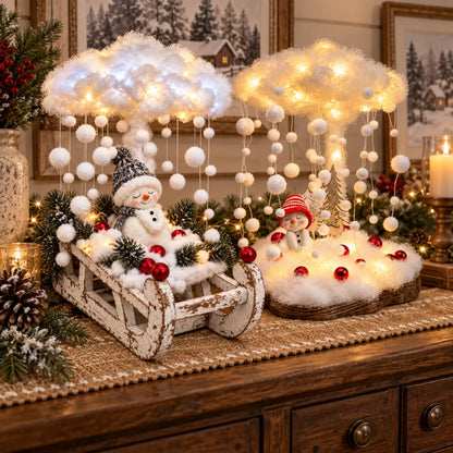 Lighted Snowfall Cloud Snowman Scene