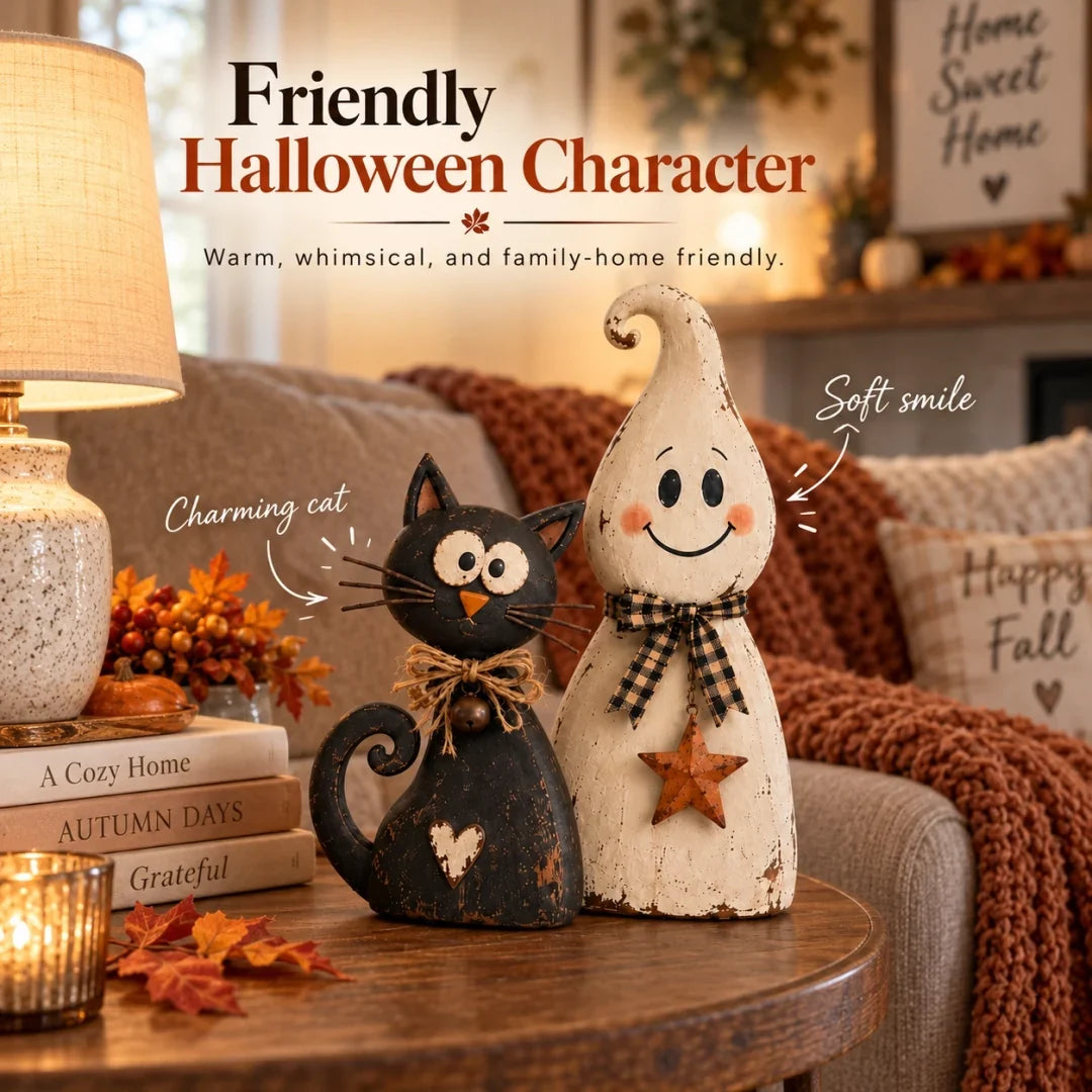 🐈‍⬛ Ghost & Black Cat Halloween Figurines – Vintage-Inspired Decor