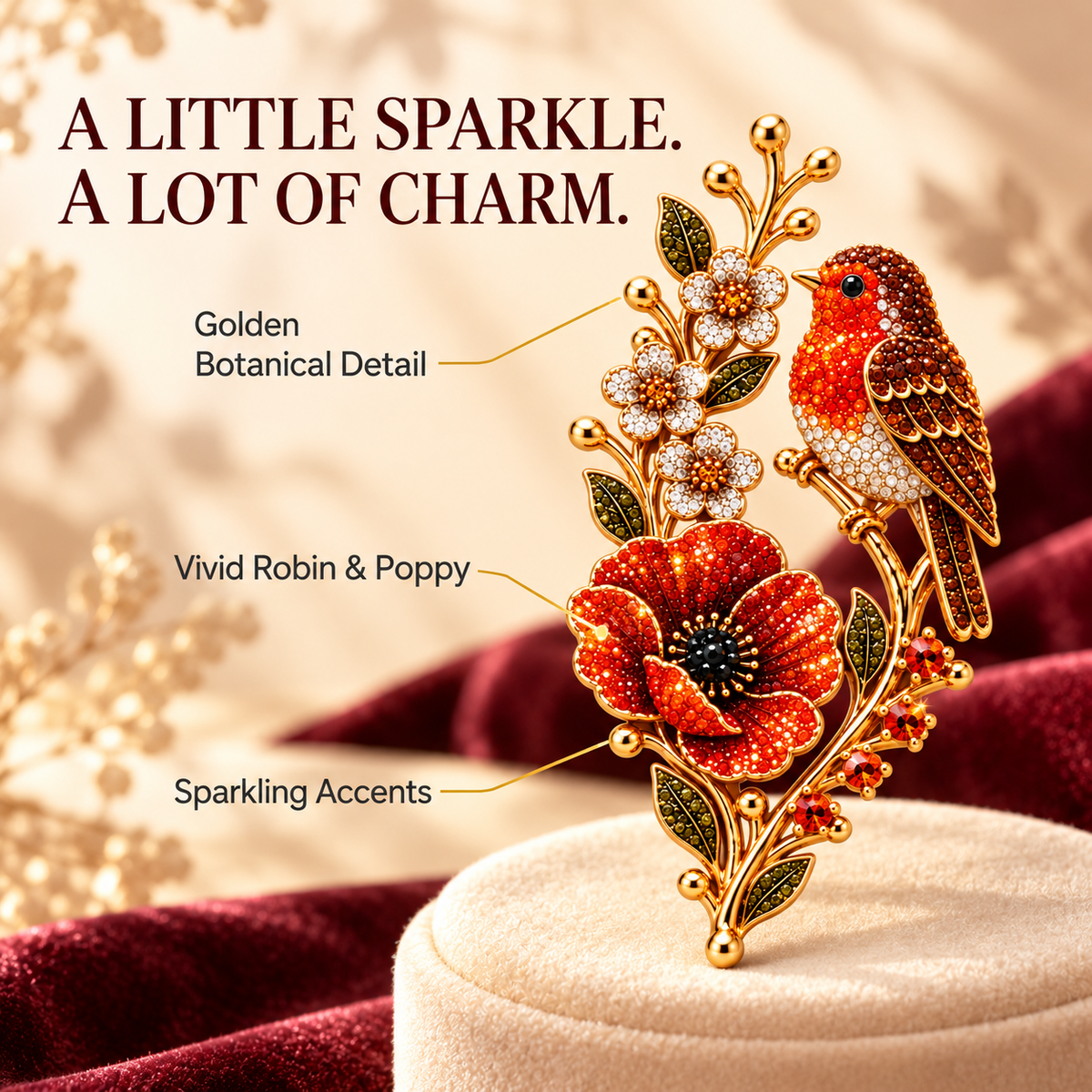 🐦🌸Robin & Poppy Crystal‑Encrusted Vintage Brooch 🐦🌸