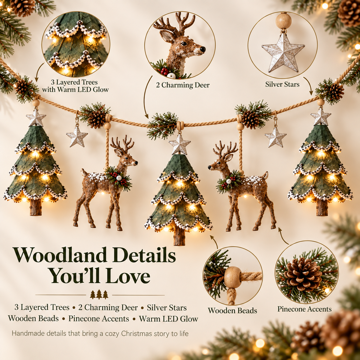 🦌 Lighted Woodland Christmas Garland