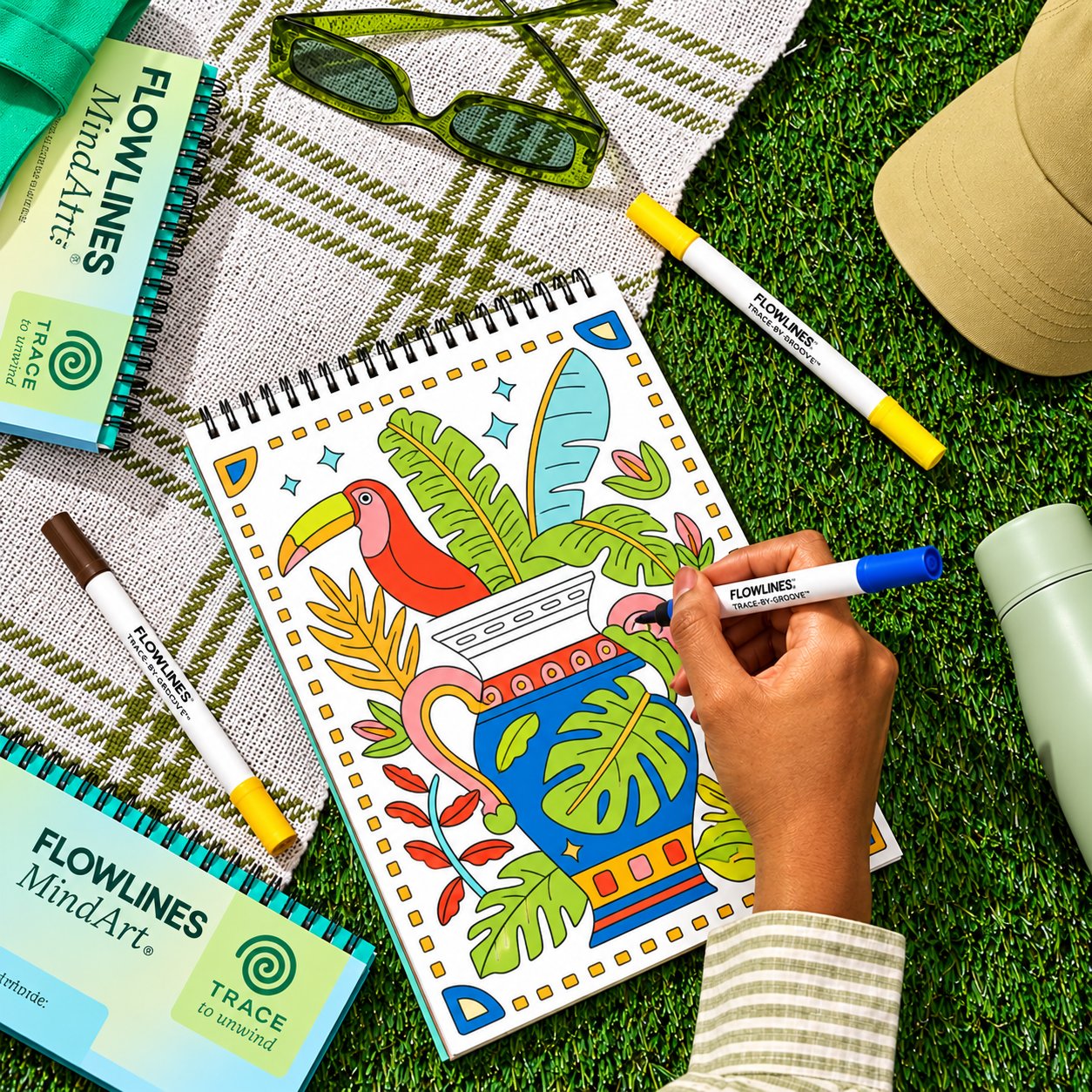 🌿 Trace-By-Groove Guided Flow Art Coloring Pad with Double-Sided Markers 🎨