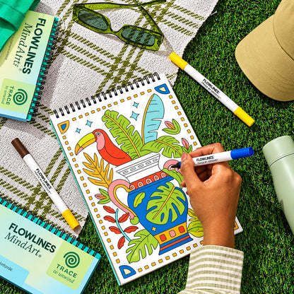 🌿 Trace-By-Groove Guided Flow Art Coloring Pad with Double-Sided Markers 🎨