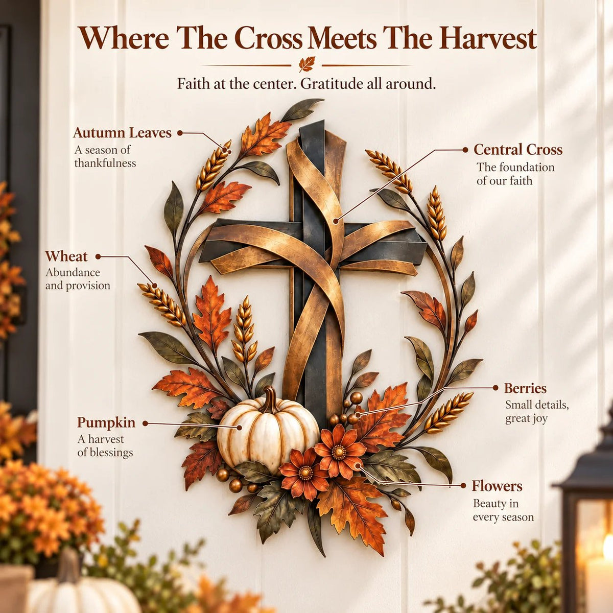 🍂 Autumn Harvest Cross Metal Wall Decor With White Pumpkin