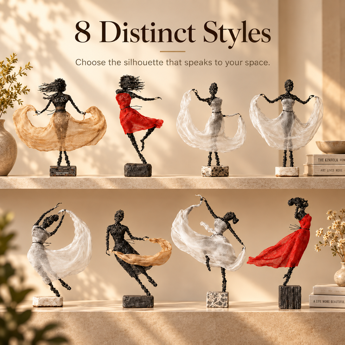 Eight distinct wire female ballet sculpture styles