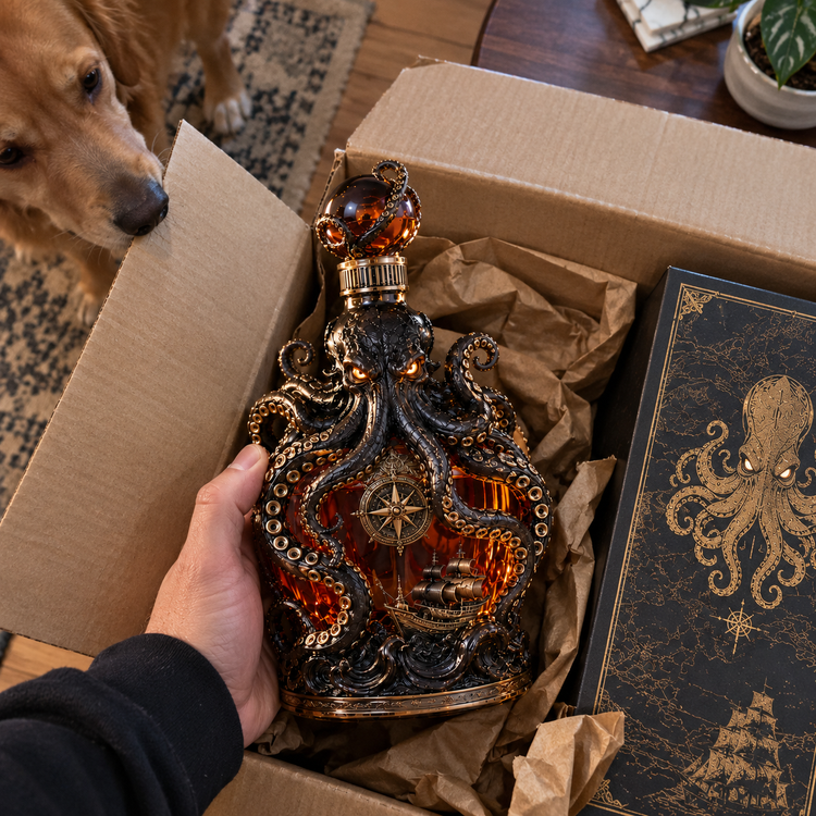 Kraken decanter inside its shipping box