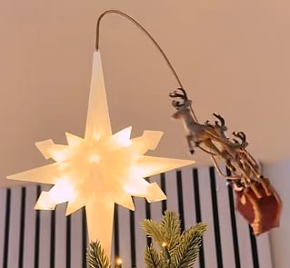 Lighted Christmas Tree Topper, Moravian LED Star with Bendable Metal Arm Santa Reindeer Sleigh Flying Ornament, Christmas Tree Top Holiday Decoration