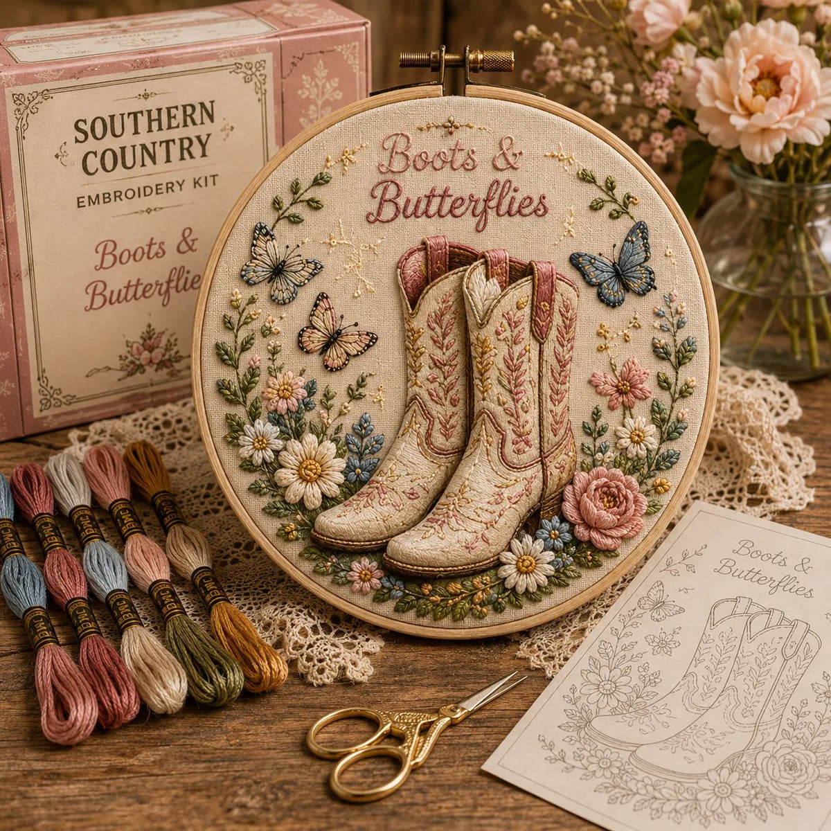 🌼 Beginner-Friendly Dolly Southern Country Needlework DIY Kit | Complete Kit with Pre-Printed Fabric, Wooden Hoop, Floss, Needles & Step-by-Step Guide Included 💕