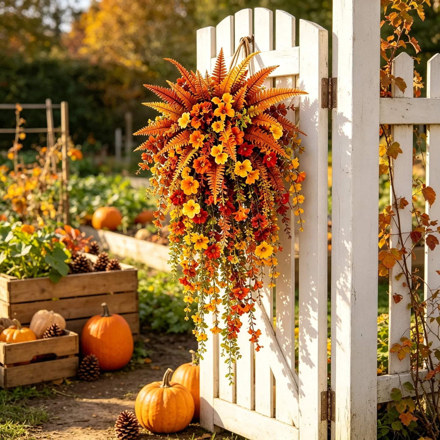 🍂🍁 ARTIFICIAL FALL HARVEST HANGING BASKET - AUTUMN PORCH & DOOR DECORATION