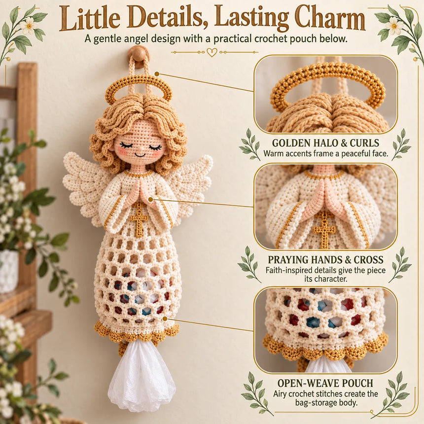 Guardian Angel crochet details including halo, wings, praying hands and open weave bag pouch