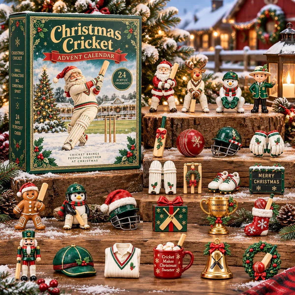 🏏🎄Christmas Cricket Advent Calendar 2026 - 24-Day Festive Countdown, Acrylic Charms Blind Box - Gift For Cricket Lovers