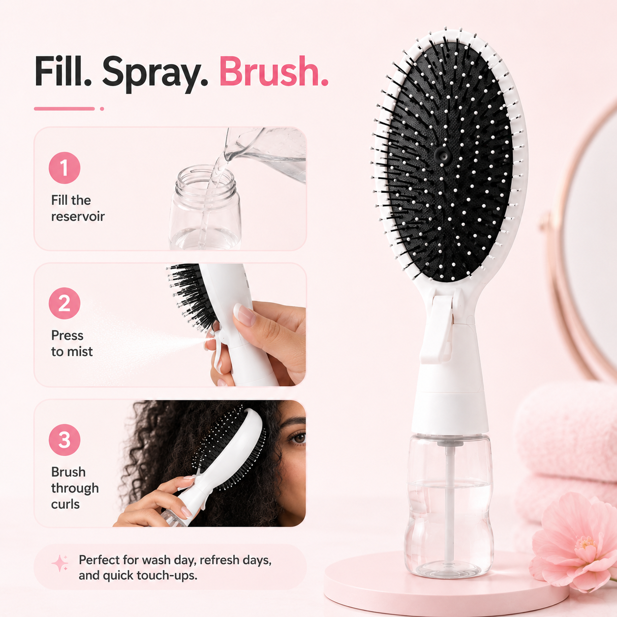 💦🪮 2-in-1 Mist & Style Detangling Brush – Refillable Curl Refresh Hair Tool