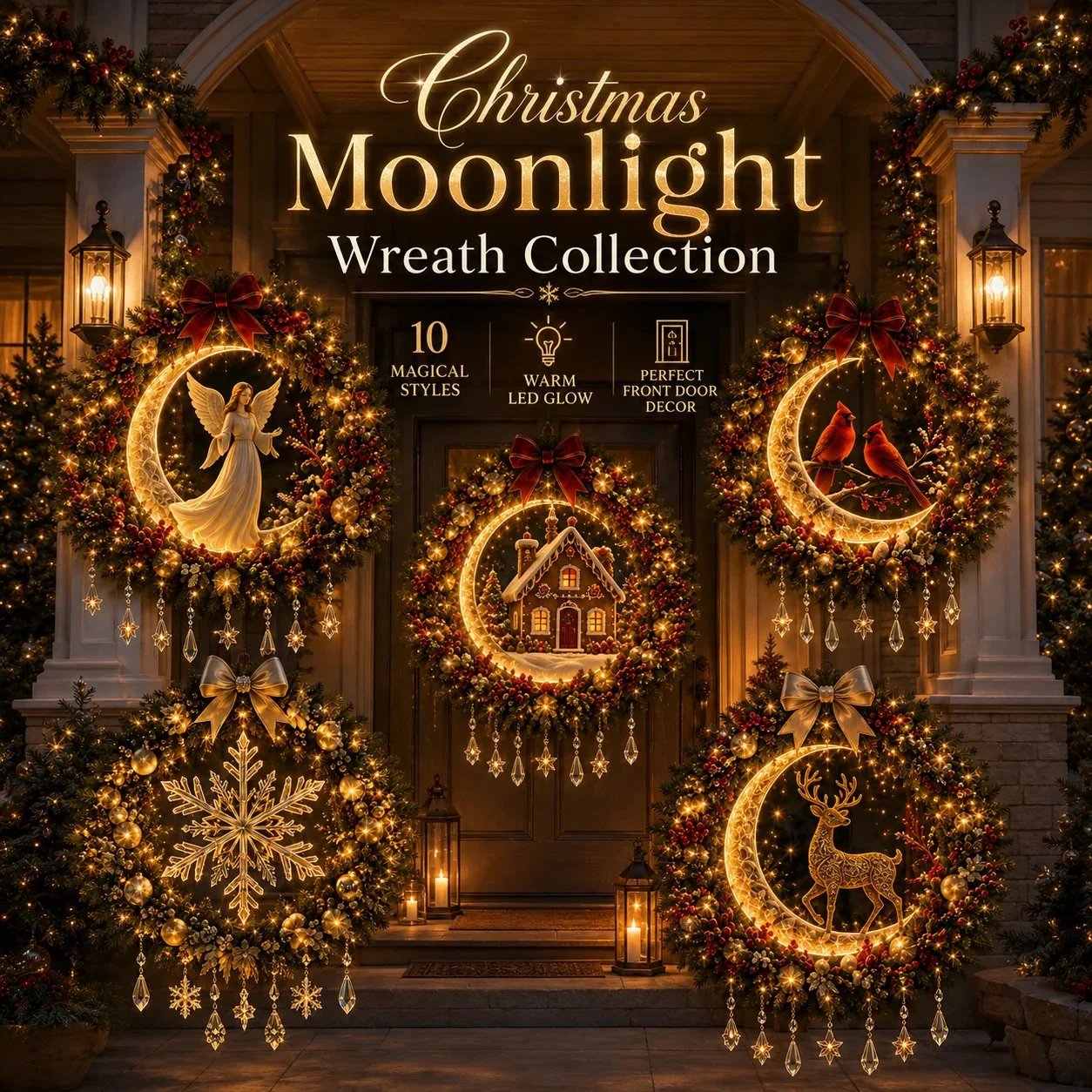 🎄✨ Christmas Moonlight Wreath Collection – Lighted Holiday Door Decor
