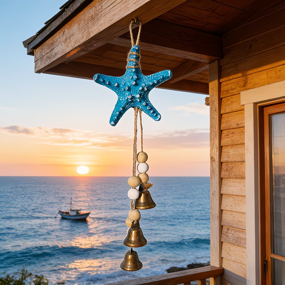 🌊⭐ Seaside Starfish Bell Chime – Rustic Coastal Hanging Decor with Natural Wood Beads