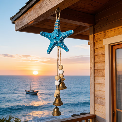 🌊⭐ Seaside Starfish Bell Chime – Rustic Coastal Hanging Decor with Natural Wood Beads