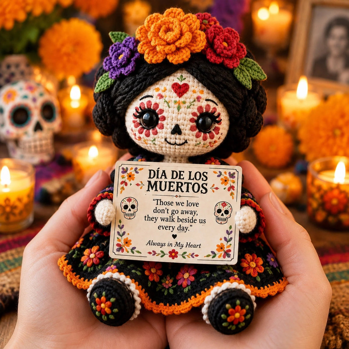 🏵️ 💕 Handcrafted Día de los Muertos Crochet Doll – Sugar Skull Catrina Figurine with Floral Dress & Memorial Sign