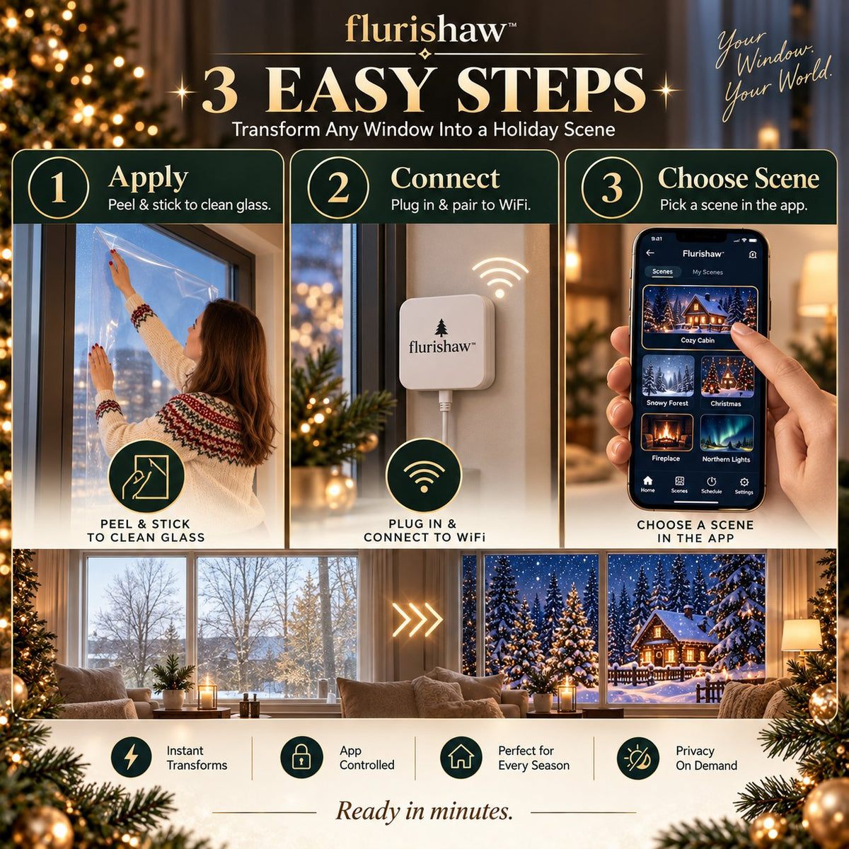 Magic Window Film | App‑Controllable 4K Christmas Holiday Window Decor Film