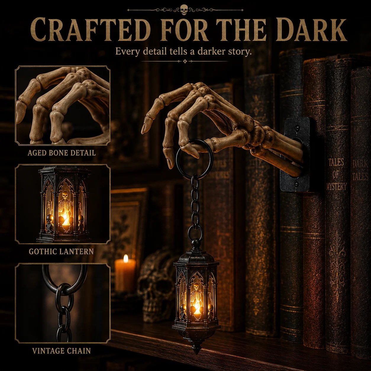 ⏳ Last Day 49% OFF – 💀 Skeleton Hand Lantern Bookshelf Light | Battery-Powered Gothic Shelf Décor with Warm Amber LED, Cord-Free Design & No-Tool Setup 🕯️