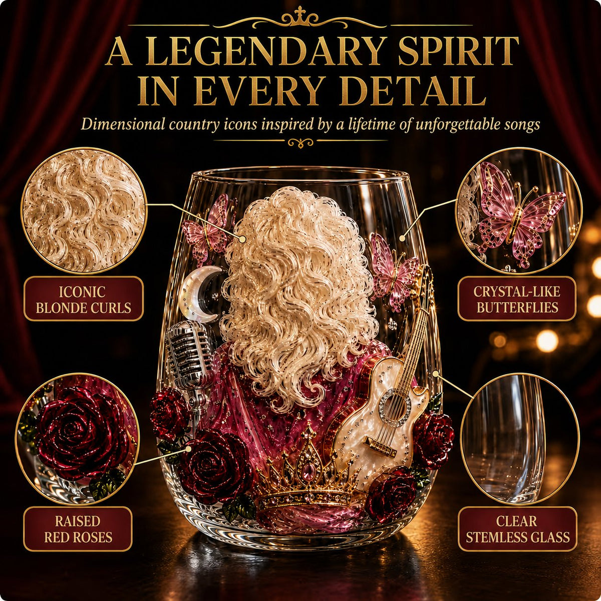 🤠 Queen of Country 1946–2026 3D Glass Collection | 8 Dolly-Inspired Country Designs with Raised Guitars, Butterflies, Boots, Florals & Vintage Music Details 🎸✨