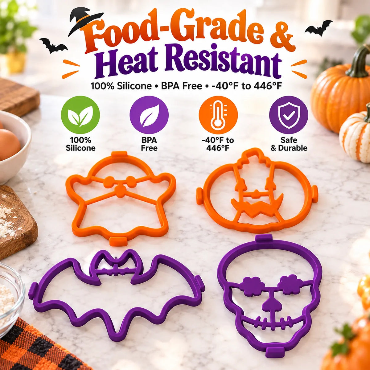 🎃🍳 Spooky Breakfast Shape Set – 4 Reusable Molds for Pancakes, Eggs & Halloween Fun